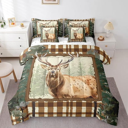 Elk Deer Bed in a Bag King Size Comforter Set 7 Pieces,Woodland Animals Bedding Sets Ombre Camouflage Sheet Set with Comforter