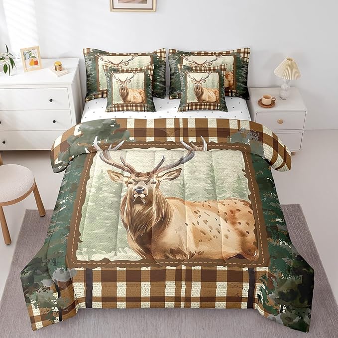 Erosebridal Elk Deer Comforter Set 7 Piece Bed in a Bag Twin,Woodland Animals Bedding Sets Ombre Camouflage Sheet Set with Comforter