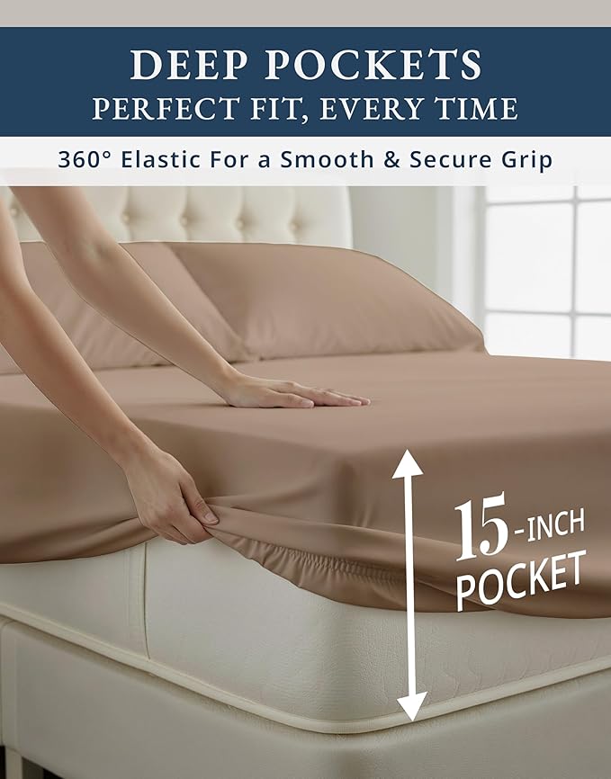 LANE LINEN Luxury 100% Egyptian Cotton Sheets Cal King Sheet Set, Eo Friendly Oeko-Tex Certified No Pill Fade Resistant Fully Elasticized Machine Washable Cooling Bed Sheet -Taupe