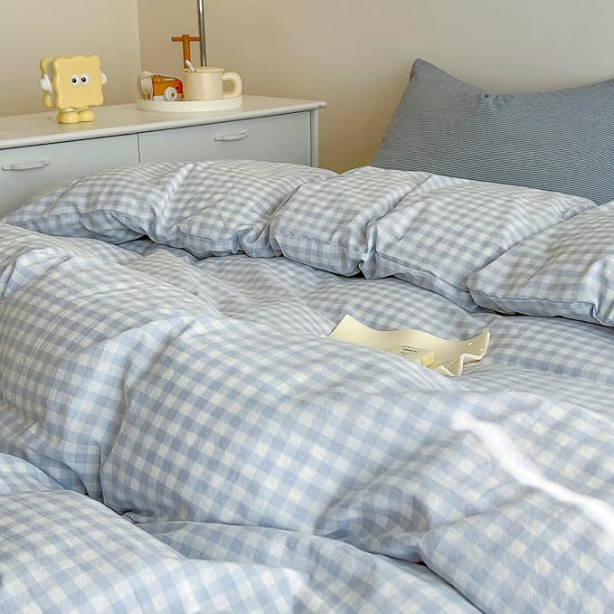 Blue Gingham Duvet Cover Twin Washed Cotton Boho Comforter Cover Twin Cute Soft Plaid Chic Duvet Cover Set with Hidden Zipper Coquette Farmhouse Bedding Set Aesthetic Duvet Protector