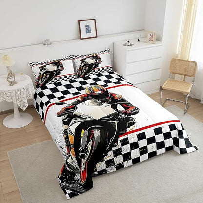 Feelyou Dirt Bike Comforter Set King Size Racing Motocross Rider Comforter for Boys Girls Teens Extreme Sports Bedding Set Flag Duvet Set Room Decor Off White Quilt Set