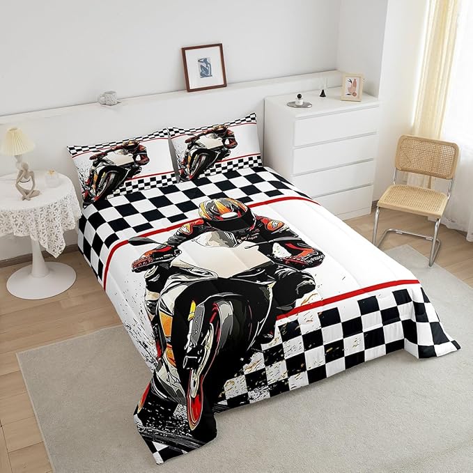 Feelyou Dirt Bike Comforter Set Full Size Racing Motocross Rider Comforter for Boys Girls Teens Extreme Sports Bedding Set Flag Duvet Set Room Decor Off White Quilt Set