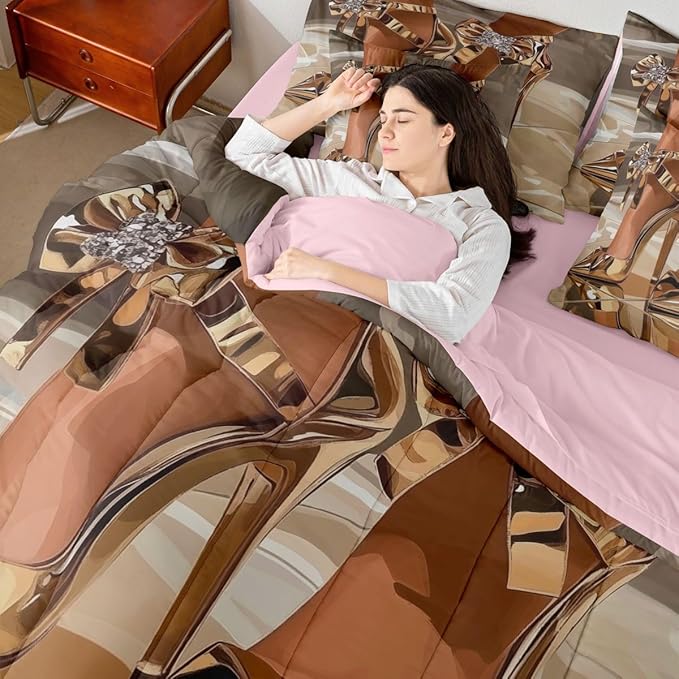 Erosebridal High-Heels Girlish Girls 7 Piece Bedding Set King Size Romantic Fashion Comforter Sets Fashionable Gorgeous Sheet Set for Kids Children Women Bedroom Modern Minimalist Gold Bed in A Bag