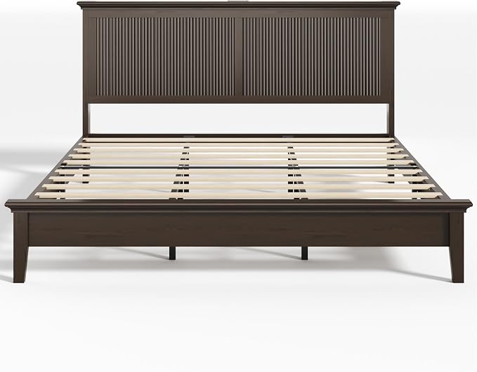 Lifezone King Bed Frame with Headboard, Solid Wood Bed Frame King Size with Charging Station & RGB LED, Wood Slats Support, Noise-Free, Sturdy Structure, Easy Assembly, Walnut