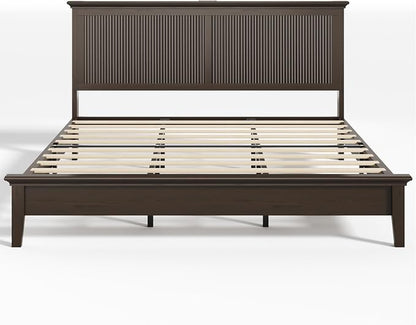 Lifezone King Bed Frame with Headboard, Solid Wood Bed Frame King Size with Charging Station & RGB LED, Wood Slats Support, Noise-Free, Sturdy Structure, Easy Assembly, Walnut