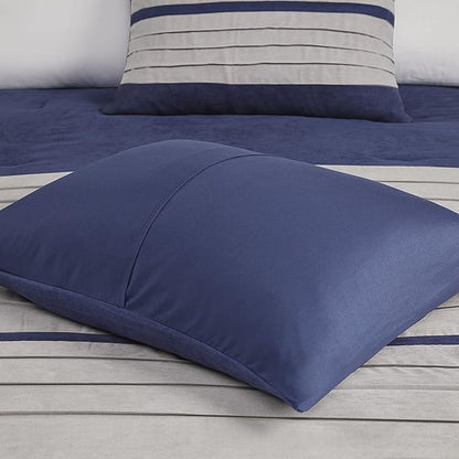 Madison Park Palmer Comforter Set-Luxury Faux Suede Design, Striped Accent, All Season Down Alternative Bedding, Matching Shams, Decorative Pillow, Bed Skirt, King (104 in x 92 in), Blue 7 Piece