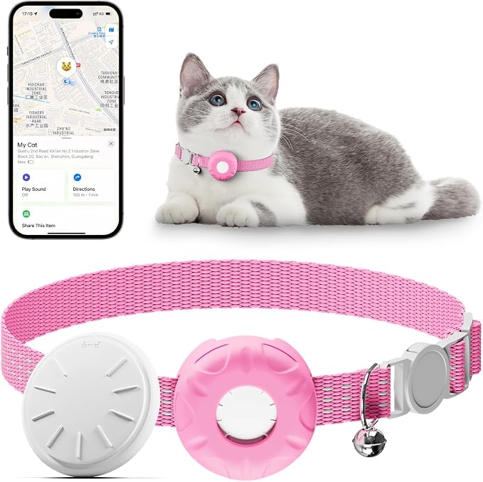 Cat GPS Tracker for Cats, Waterproof Pet GPS Tracker, Compatible with Apple Find My App (Only iOS), No Monthly Fee (White Tracker, Pink Cat Collar)