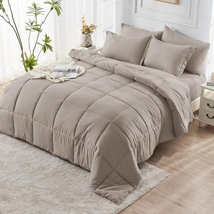 JOLLYVOGUE Queen Comforter Set, Ultra-Soft Bed in a Bag Queen Size 7 Pieces, Oeko-TEX Certified Bedding Set with Down Alternative Comforter, Sheets, Pillowcases & Shams, Khaki
