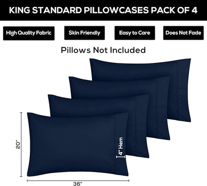 Utopia Bedding King King Pillow Cases - 4 Pack - Envelope Closure - Soft Brushed Microfiber Fabric - Shrinkage and Fade Resistant Pillow Covers 20 X 36 Inches (King Std, Navy)
