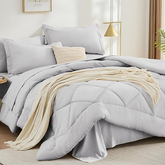 FUANNA 7 Pieces Full Size Comforter Sets, All Season Bedding Sets Full Size, Luxury Soft Bed in a Bag with Comforter, Flat Sheet, Fitted Sheet, Pillowcases & Pillow Shams, Light Grey