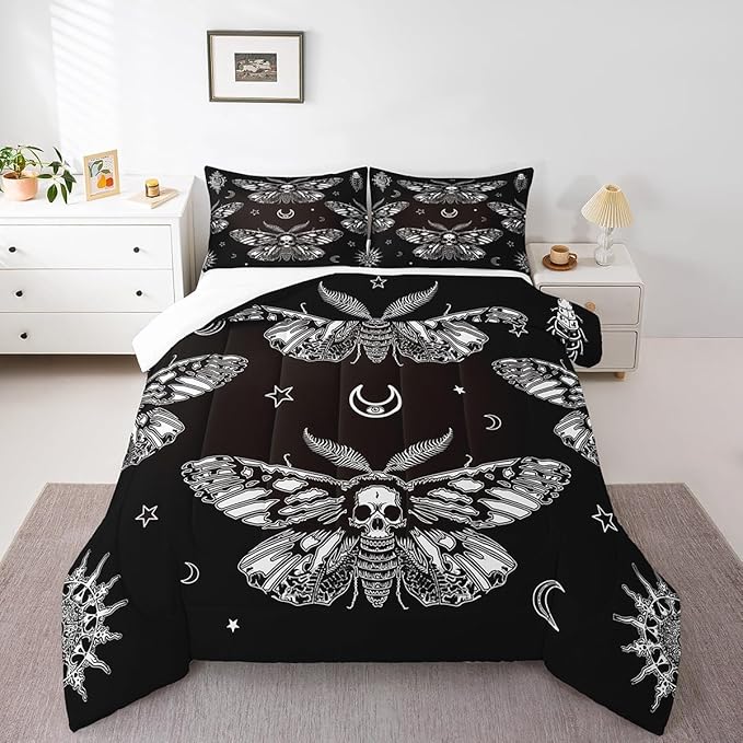 Feelyou Boys Boho Moth Comforter Set King Size Men Gothic Skull Bedding Set for Girls Women Bedroom Decor Bohemian Moon Star Comforter Personalized Moth Skull Skeleton Bones Duvet Set Teens Quilt Set