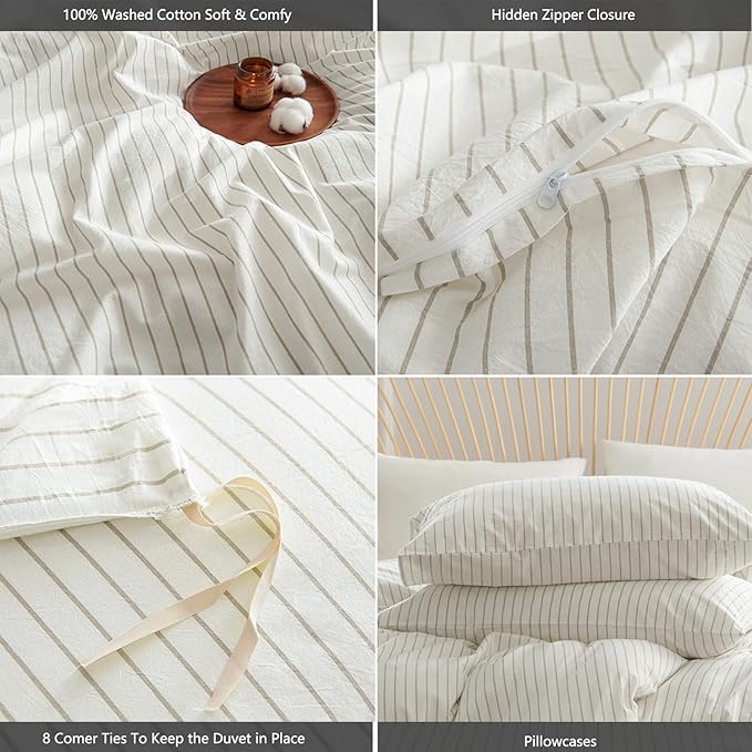 Nayoroom Striped Duvet Cover King Size 100% Washed Cotton White Brown Stripe Duvet Cover 3 Pieces Soft Breathable Girls Dorm Bedding Set for All Seasons, Yarn Dyed Process