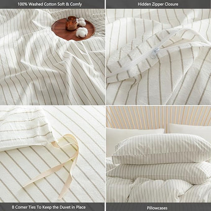 Nayoroom Striped Duvet Cover Full Size 100% Washed Cotton White Brown Stripe Duvet Cover 3 Pieces Soft Breathable Girls Dorm Bedding Set for All Seasons, Yarn Dyed Process