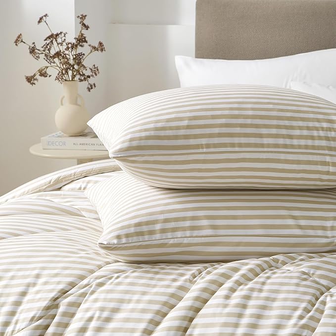 mixinni Tan Striped Comforter Set Queen Size - Beige Stripes Pattern Bed Set for All Season, 3 Pieces Lightweight Bedding Comforter Sets for All Seasons (1 Soft Fluffy Comforter + 2 Pillowcases)