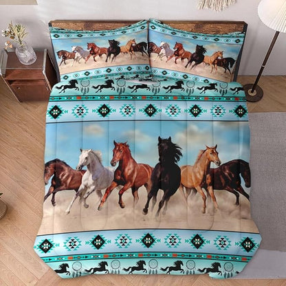 Queen Size Comforter Set with 2 Pillowcases, Horses Desert Animal 3 Pcs Bedding for Kids and Adults, Tribal Farm Sunset Run Soft Comforter Set for Bedroom Bed Decor
