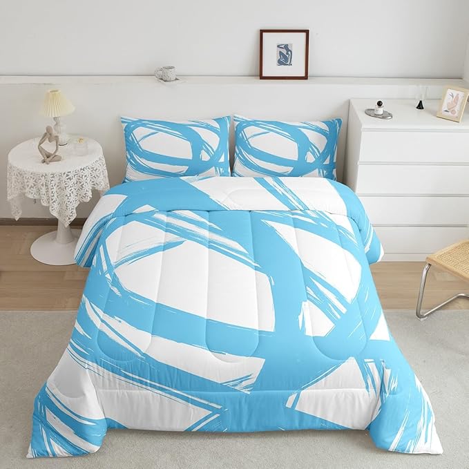Blue and White Striped Bedding Set Full Size for Adults Youth Teens,Contemporary Boho Modern Art Comforter Set,Graffiti Stripes Lines Quilt,Aesthetic Geometric Duvet Insert for Minimalists