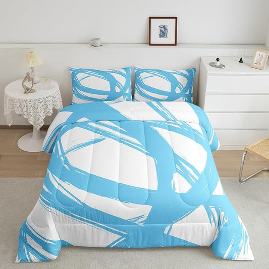 Erosebridal Blue and White Abstarct Queen Comforter Set for Adult Women Men, Geometric Striped Bedding Set for Minimalists,Graffiti Aesthetic Lines Quilt,Contemporary Boho Modern Art Duvet Insert