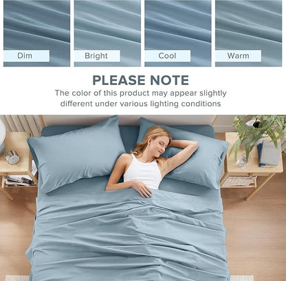 Comfort Spaces Extra Deep Pocket, 100% Cotton Sheets Queen Fits up to 24" Mattress, Breathable, Naturally Cool Cotton, Soft Cotton, All Seasons Sheet Set, Blue 4 Piece