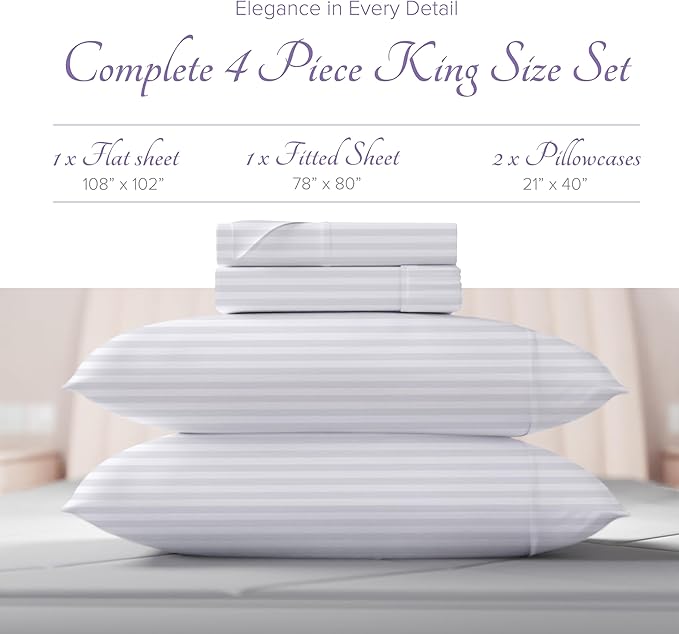 Carressa Linen Luxury Egyptian Cotton King Stripe Sheet Set - 600 Thread Count Extra Long Staple 4 PC Set, Crisp White King Damask Sheets, Soft Cooling Sateen Weave Sheets Upto 18 in Deep Pocket