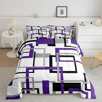 Erosebridal Purple Grey Black Square Bedding Set for Kids Boys Girls,Geometric Comforter Set Queen,Abstract Grid Pattern Down Comforter,Modern Abstract Art Quilted Duvet with 2 Pillowcases