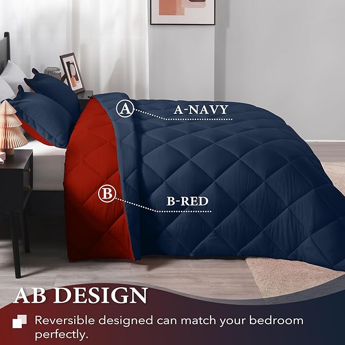 downluxe Twin Comforter Set - Red and Navy Twin Comforter, Soft Bedding Sets for All Seasons -2 Pieces - 1 Comforter (66"x92") and 1 Pillow Sham(20"x26")
