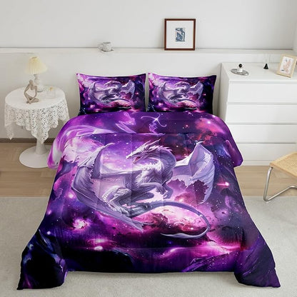 Dragon Galaxy Comforter Set Queen Size,Western Magical Wildlife Bedding Set for Kids Boys Teens Adults Room Decor,Outer Space Animal Duvet Insert 3Pcs,Star Glitter Fantasy Quilt Set,2 Pillowcases