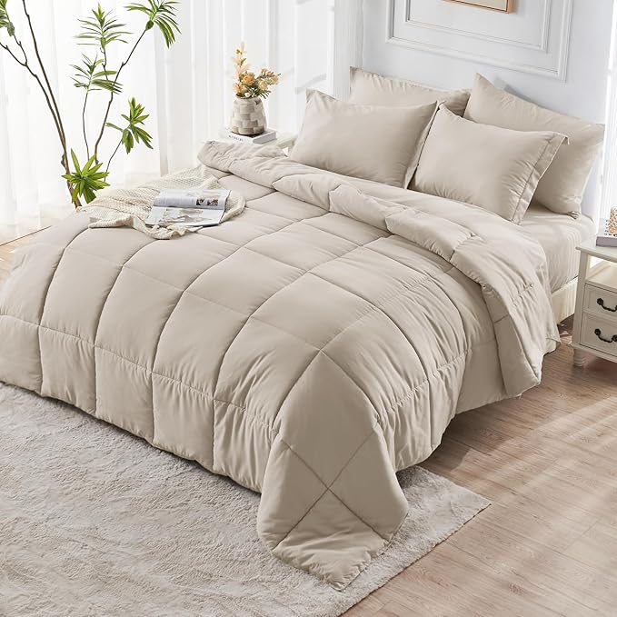 JOLLYVOGUE Twin XL Comforter Set, Ultra-Soft Bed in a Bag Twin XL Size 5 Pieces, Oeko-TEX Certified Bedding Set with Down Alternative Comforter, Sheets, Pillowcases & Shams, Oatmeal