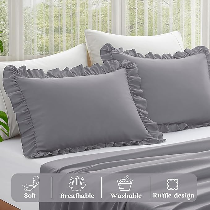 KKJIAF Ruffle Pillow Cases King Size Set of 2, Ruffled Pillow Covers with Envelope Closure, Wrinkle Resistant Ruffled Pillow Shams 20" x 36", Grey