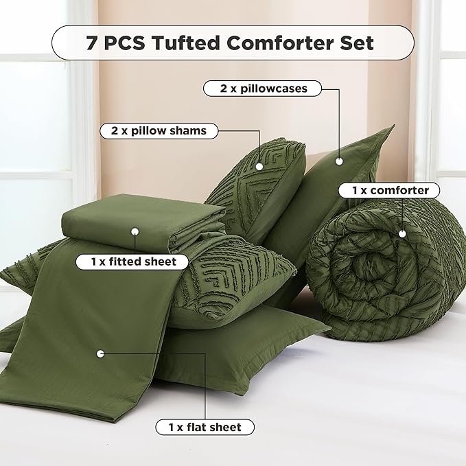 Andency Super King Plus Comforter Set Olive Green - 7 Piece Bed in a Bag Oversized King, Olive Green Boho Tufted Bedding Sets, Lightweight Fluffy Bed Set with Comforter, Sheets, Pillowcases & Shams