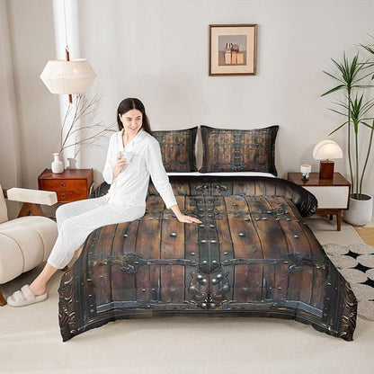 Medieval Themed Comforter Set for Kids,Castle Knight Wall Bedding Set Teens Boys Room Decor,Retro Wooden Board Comforter with 1 Pillowcase for All Seasons,Twin