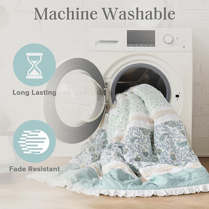 Madison Park Dawn 100% Cotton Shabby Chic Comforter Set-Modern Cottage Design All Season Down Alternative Bedding, Matching Shams, Bedskirt, Decorative Pillows, Queen(90"x90"), Aqua 9 Piece ,