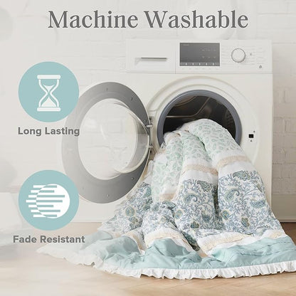 Madison Park Dawn 100% Cotton Shabby Chic Comforter Set-Modern Cottage Design All Season Down Alternative Bedding, Matching Shams, Bedskirt, Decorative Pillows, Queen(90"x90"), Aqua 9 Piece ,