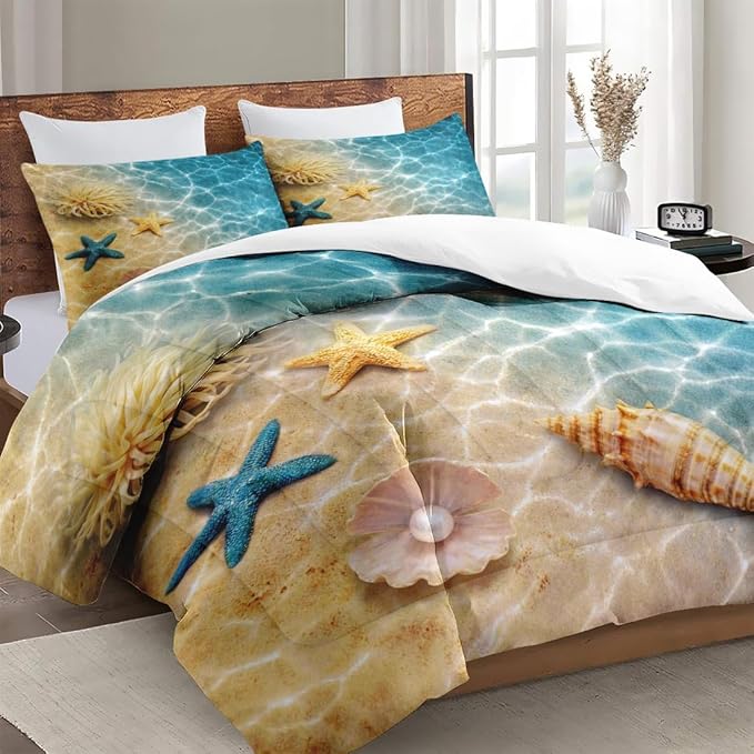 Queen Size Comforter Set with 2 Pillowcases, Summer Marine Seashell Starfish Beach Ocean Soft 3 Pcs Bedding for Kids and Adults Bedroom Bed Decor
