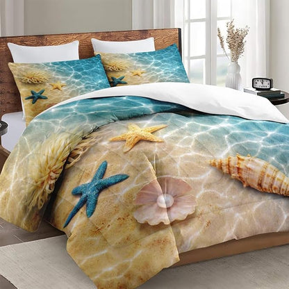 Full Size Comforter Set with 2 Pillowcases, Summer Marine Seashell Starfish Beach Ocean 3 Pcs Soft Bedding for Kids and Adults Bedroom Bed Decor