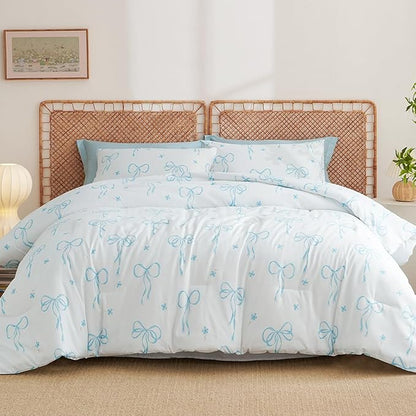 Twin Comforter Set White - Blue Bow Quilt Bedding Set 2 Pieces, Comforter Set Twin Size, Soft Lightweight Comforter(68‘’ x 90‘’) for Girl All Season & 1 Pillow Case(30‘’x20‘’)