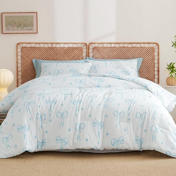 Queen Comforter Set White - Blue Bow Comforter Set Queen Size, Quilt Bedding Set 3 Pieces, Soft Lightweight Comforter(90‘’ x 90‘’) for Girl All Season & 2 Pillow Cases(30‘’x20‘’)