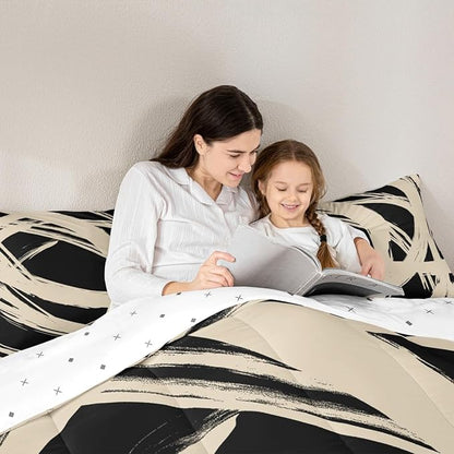 Erosebridal Beige and Black Abstarct Toddler Bedding Set,Aesthetic Geometric Comforter Set for Minimalists,Graffiti Stripes Lines Quilt,Contemporary Boho Modern Art Duvet Insert for Minimalism