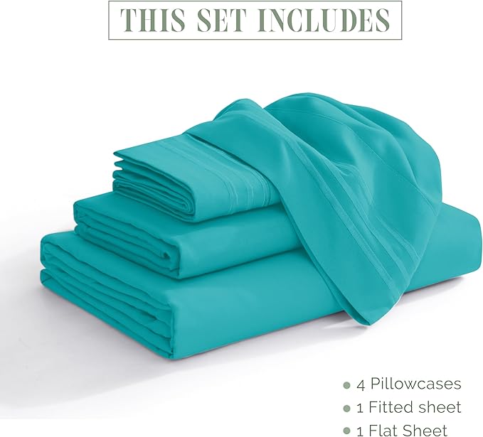 Elegant Comfort Luxurious 1500 Premium Hotel Quality Microfiber Three Line Embroidered Softest 4-Piece Bed Sheet Set, Wrinkle and Fade Resistant, RV Short Queen, Turquoise