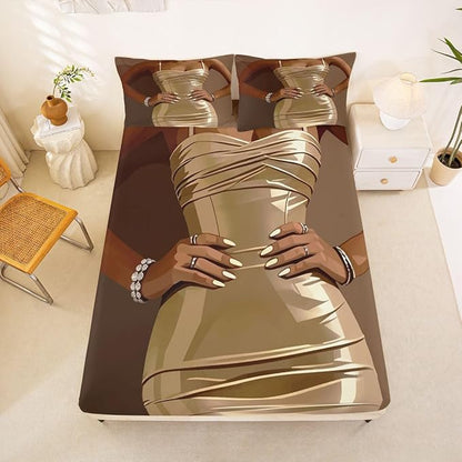 Erosebridal Fashion Black Woman Fitted Sheet for Kids Vogue Black Girls Queen Bedding Set Fashionable Gorgeous Bed Sheets for Girls Women Teens Romantic Fashion Theme Sheets with 2 Pillow Cases