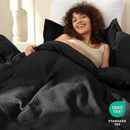 PHF Waffle Weave Duvet Cover Set Twin/Twin XL Size, No Snagging Ultra Soft Luxury Textured Breathable Comforter Cover for All Season 2pcs, Durable Bedding Duvet Set with 1 Pillow Sham, 68"x90", Black