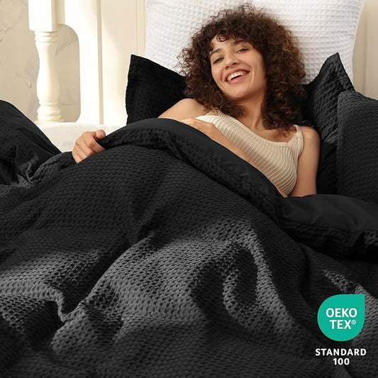 PHF Waffle Weave Duvet Cover Set California King, No Snagging Ultra Soft Luxury Textured Breathable Comforter Cover for All Season 3pcs, Durable Bedding Duvet Set with 2 Pillow Shams, 104"x98", Black