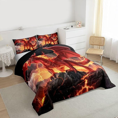 Castle Fairy Dragon Bed Comforter Set Queen Size,Wild Animals Cool Magical Style Super Soft Microfiber Bedding Set for Adults Teens,Red Flame Dragons Comforter Set,2 Pillowcases