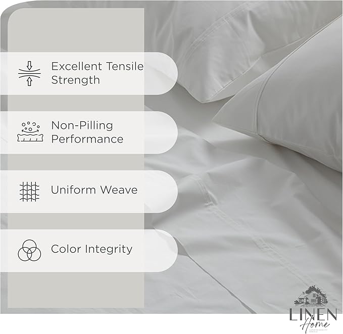 Linen Home 100% Cotton Percale Sheet Set, Twin Size, White, Deep Pocket, 4 Pieces Set - 1 Flat, 1 Deep Pocket Fitted Sheet and 2 Pillowcases, Crisp Cool and Strong Bed Linen
