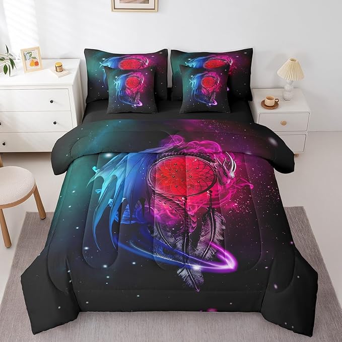 Erosebridal Gothic Dragon Dream Catchers Comforter Set 7 Piece Bed in a Bag Twin,Purple Blue Galaxy Bohemian Feather Bedding Sets Antique Animal Pterosaur Sheet Set with Comforter