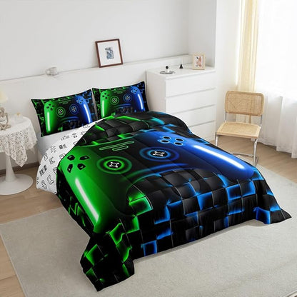 Erosebridal Gaming Comforter Sets for Boys,Queen Size Bedding Sets for Boys Girls Kids 3D Gamer Geometric Comforter,Game Console Lightweight Microfiber Duvet Quilt,Neon Green Blue Black Glowing