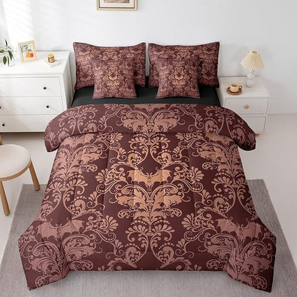 Erosebridal Gothic Damask Bed in a Bag King Size Comforter Set 7 Pieces,Halloween Bat Bedding Sets Brown Victorian Floral Goth Sheet Set with Comforter
