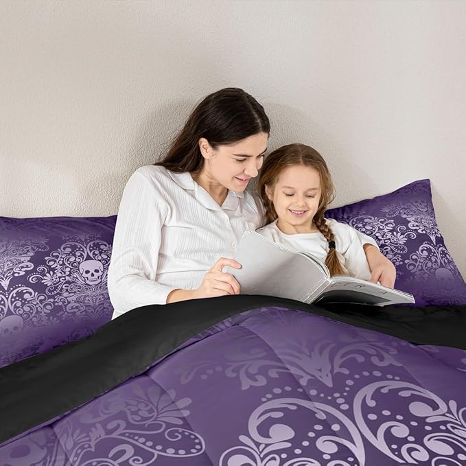 Feelyou Adults Gothic Skull Bedding Set King Size Kids Damask Print Comforter Goth Bohemian Duvet Breathable Soft Lightweight Microfiber Purple Room Decor with 2 Pillowcases