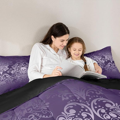 Feelyou Adults Gothic Skull Bedding Set Twin Size Kids Damask Print Comforter Goth Bohemian Duvet Breathable Soft Lightweight Microfiber Purple Room Decor with 1 Pillowcase