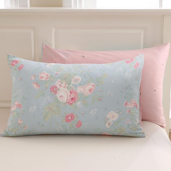 Zusbest 100% Cotton Blue Floral Pillowcases Standard Size Set of 2, 19''×29'', Queen Size Pink Rose Flower Printed Reversible Pillow Covers Soft Envelope Queen Pillowcase Protectors