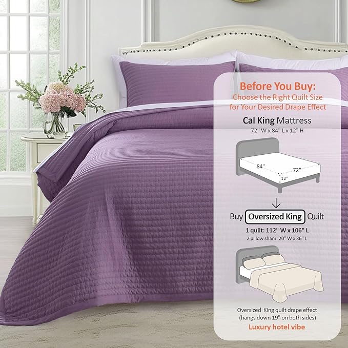 KASENTEX Oversized King Quilt Set 112"x106" – Soft Washed 3-Layer Lightweight California King Bedspread, Minimalist Nordic Design, All-Season Quilt Bedding (1 Quilt + 2 Pillow Shams),Grape Jam Purple
